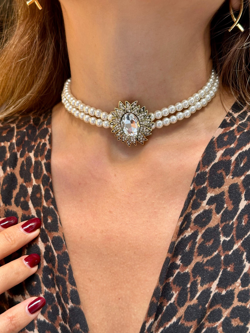 Kristal Taşlı İki Sıra İnci Choker Kolye Gold