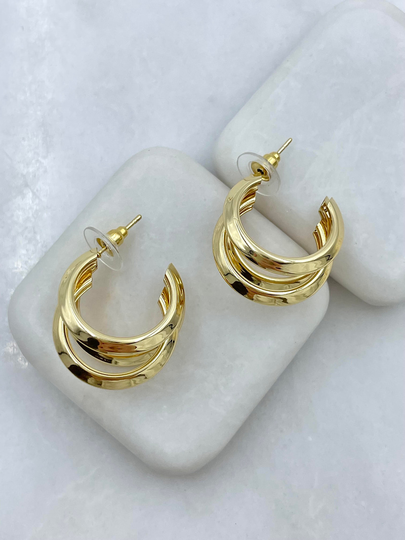 Altın Kaplama Üçlü Görünüm Halka Küpe Gold