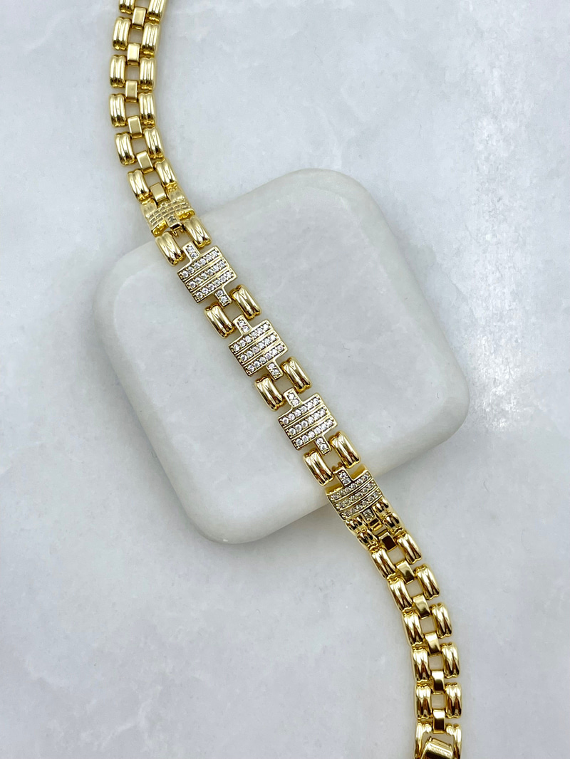 Özel Seri Gömme Taşlı Dikdörtgen Model Tasarım Bileklik Gold