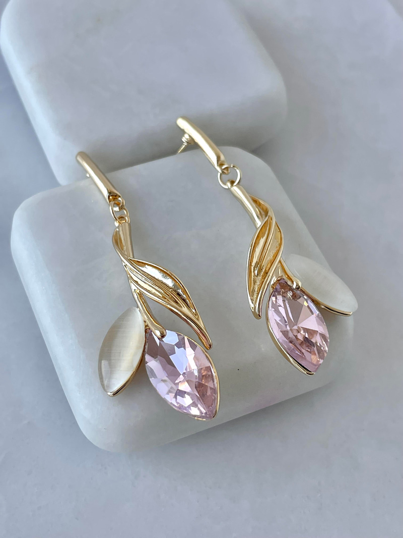 Altın Kaplama Kristal Pembe Taşlı Lale Model  Küpe