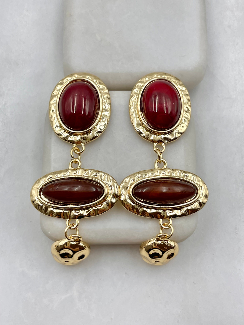 Bordo ve Kahve Taşlı Vintage Küpe Gold