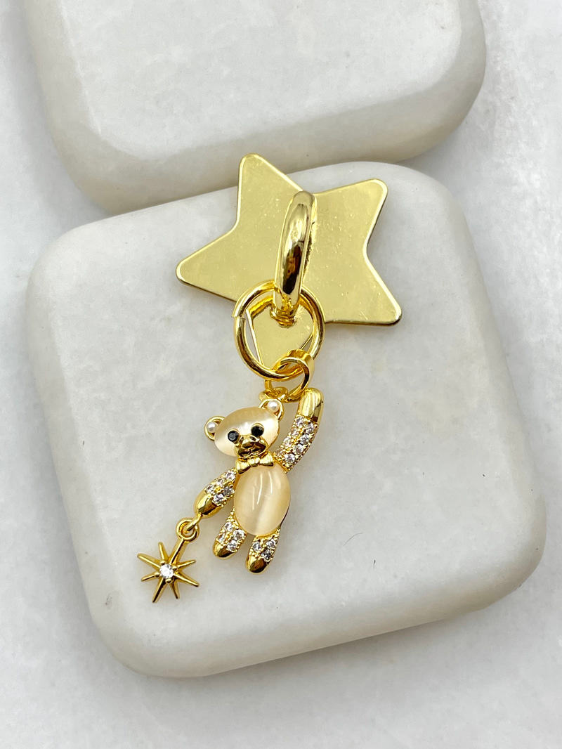 Opal Taşlı Ayıcık Sallantılı Telefon Charmı Gold