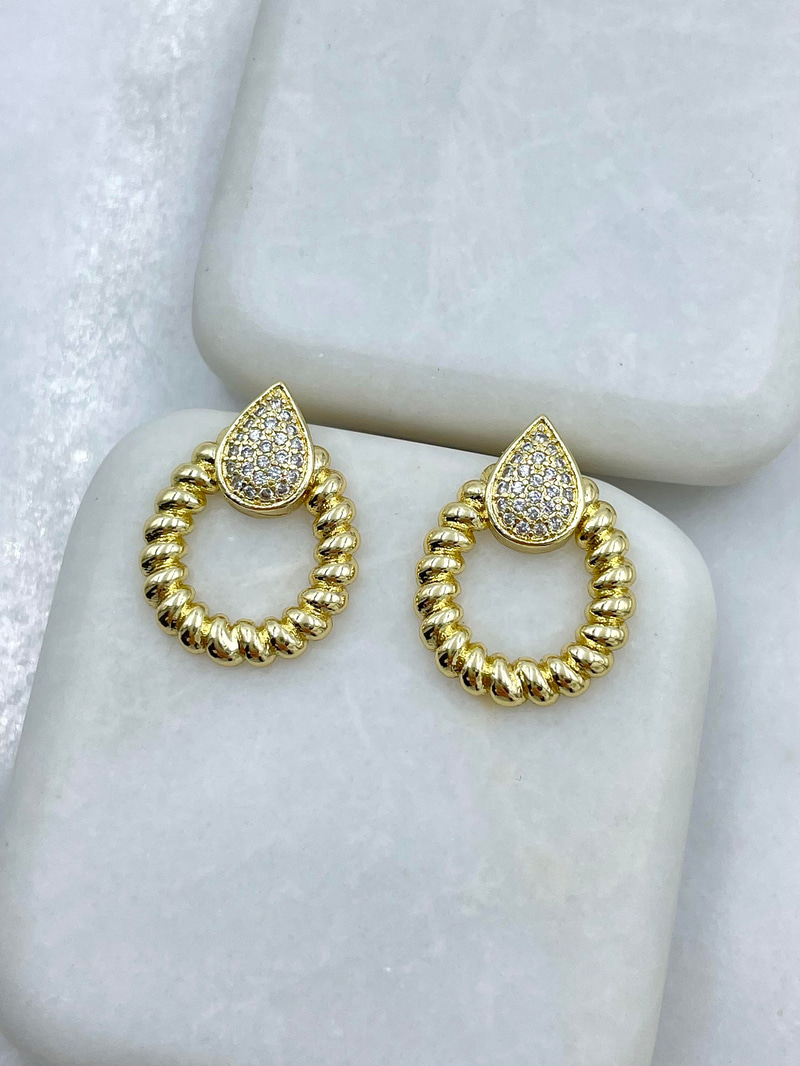 Altın Kaplama Gömme Taşlı Damla Model Burgu Küpe Gold