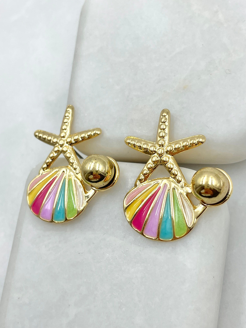 Renkli Mineli Deniz Kabuğu ve Yıldızı Küpe Gold