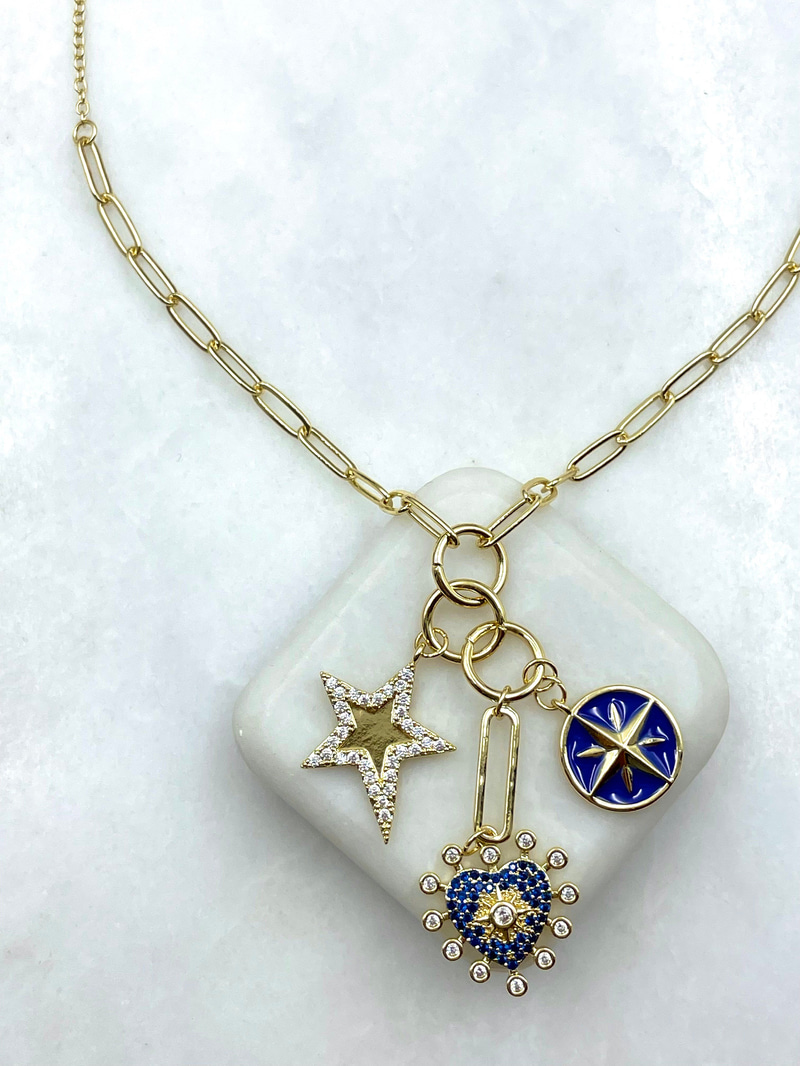 Altın Kaplama Mavi Mineli Yıldız ve Kalp Sallantılı Kolye Gold