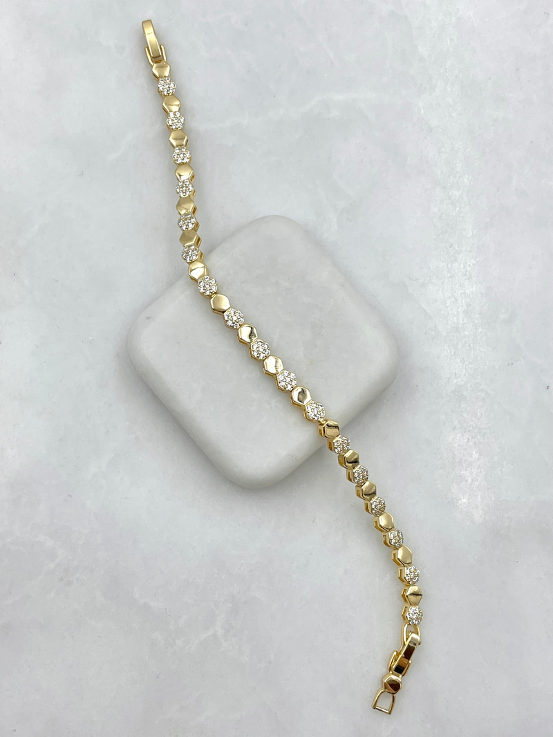 Altın Kaplama Zirkon Taşlı ve Plaka Petek Bileklik Gold