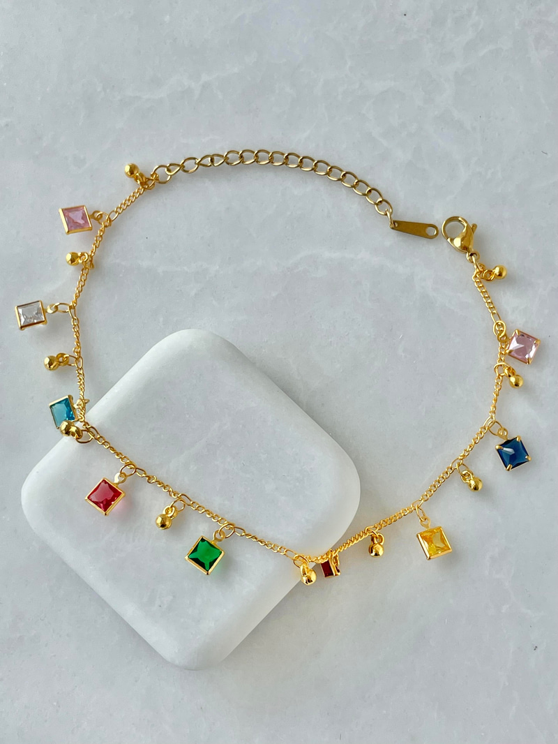 Çelik Renkli Kare Kristal Sallantılı Halhal Gold