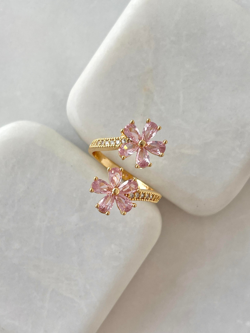 Altın Kaplama İkili Pembe Çiçek Yüzük Gold