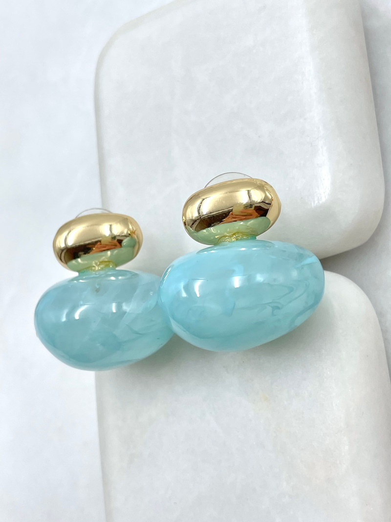 Gold Detaylı Opal Taşlı Vintage Oval Küpe Turkuaz