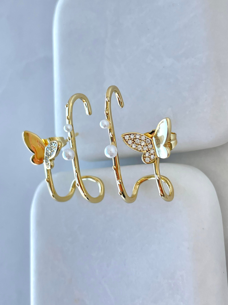 Özel Seri İkili Görünüm İncili Kıkırdak Küpe Gold