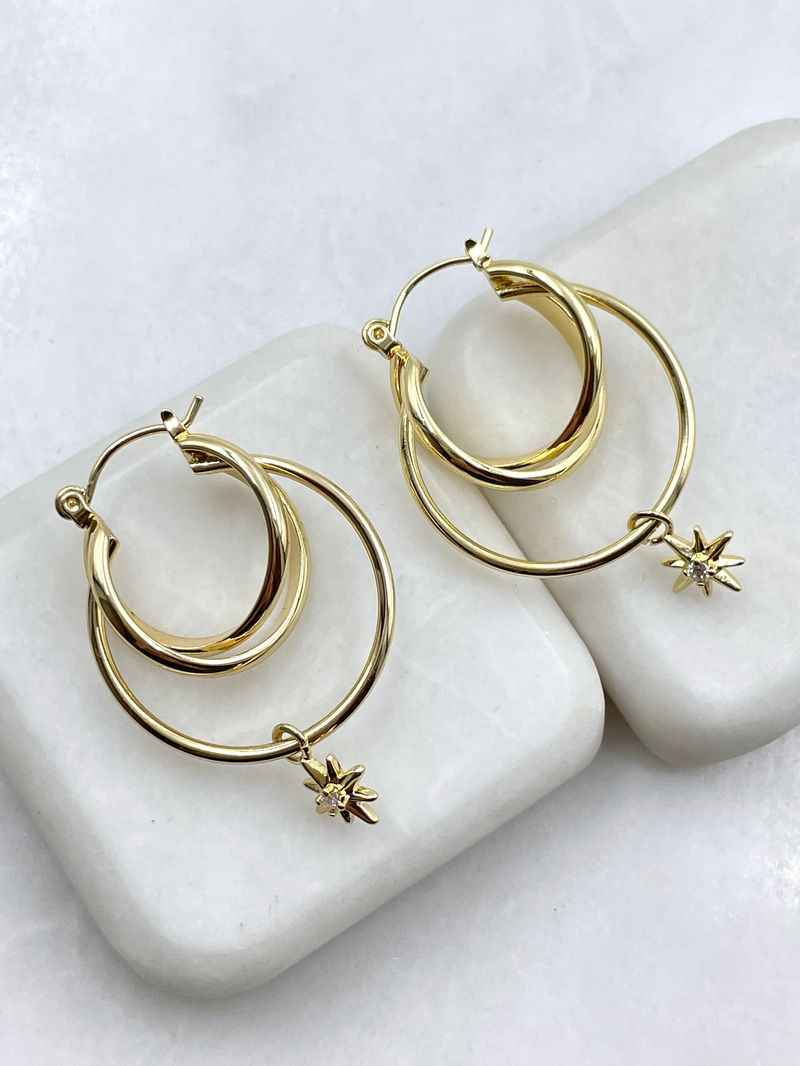 Kuzey Yıldızı Sallantılı İç İçe Halka Küpe Gold