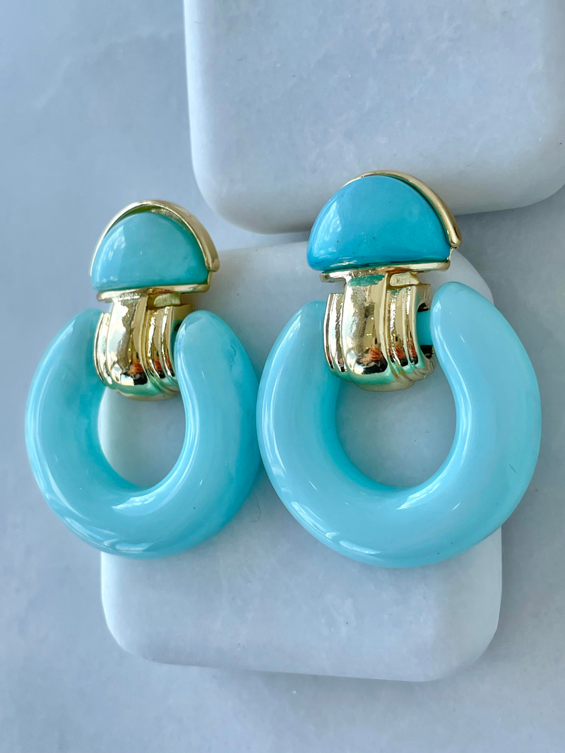 Gold Detaylı Epoksi Vintage Küpe Mavi