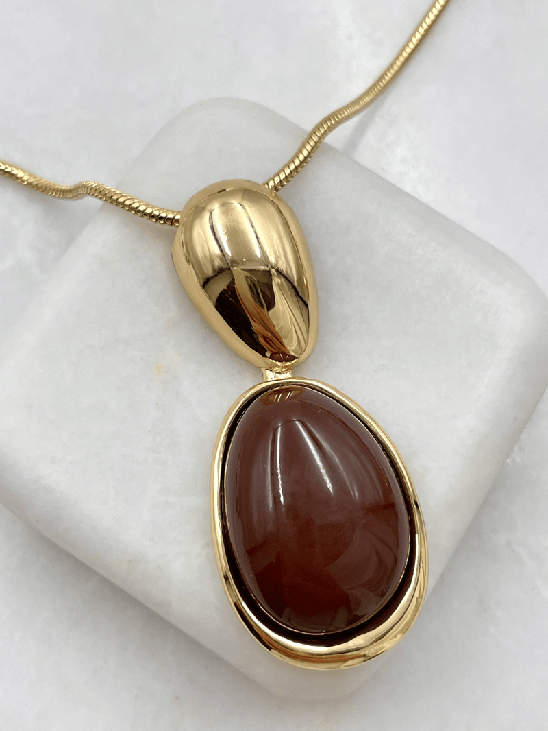 Altın Kaplama Gold Detaylı Oval Taş Model Asansör Kolye Kahve