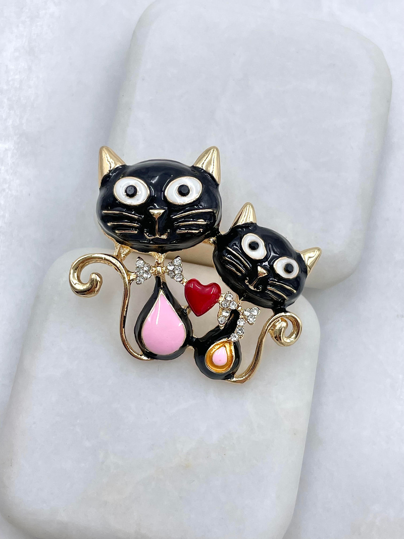 İkili Siyah Kedi Broş Gold