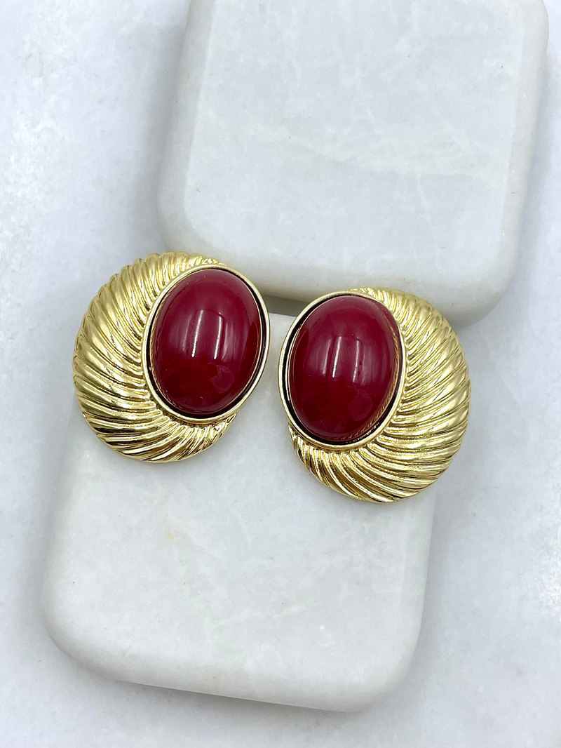 Altın Kaplama OVal Taşlı Burgu Vintage Küpe Bordo