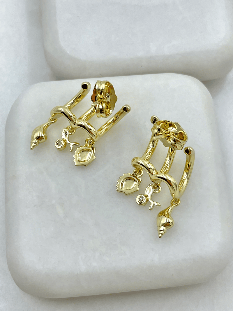 Özel Seri Üçlü Görünüm Deniz Temalı Halka Küpe Gold