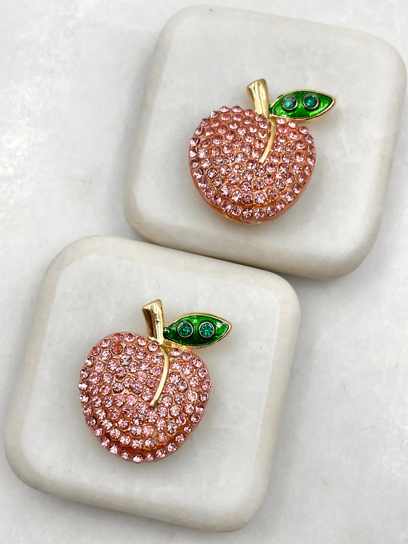 Pembe Kristal Taşlı Elma Düğme Broş Renkli