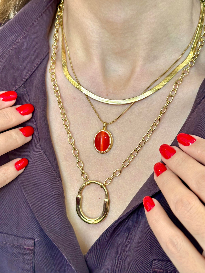 Çelik Oval Opal Taşlı Kolye Kiremit