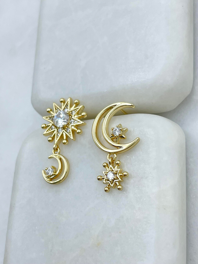 Özel Seri Kristal Taşlı Ay ve Yıldız Küpe Gold
