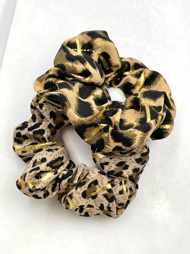 Leopar Desenli Varaklı İkili Scrunchie Toka Renkli