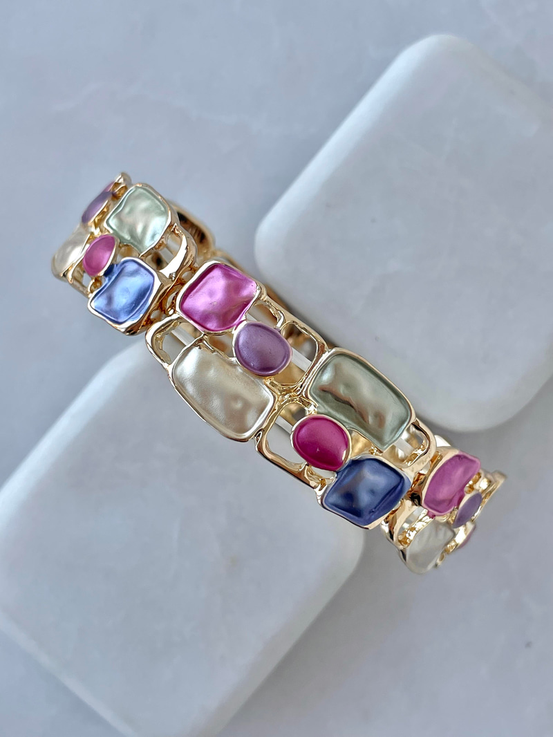 Altın Kaplama Geometrik Şekilli Lastikli Bileklik Renkli