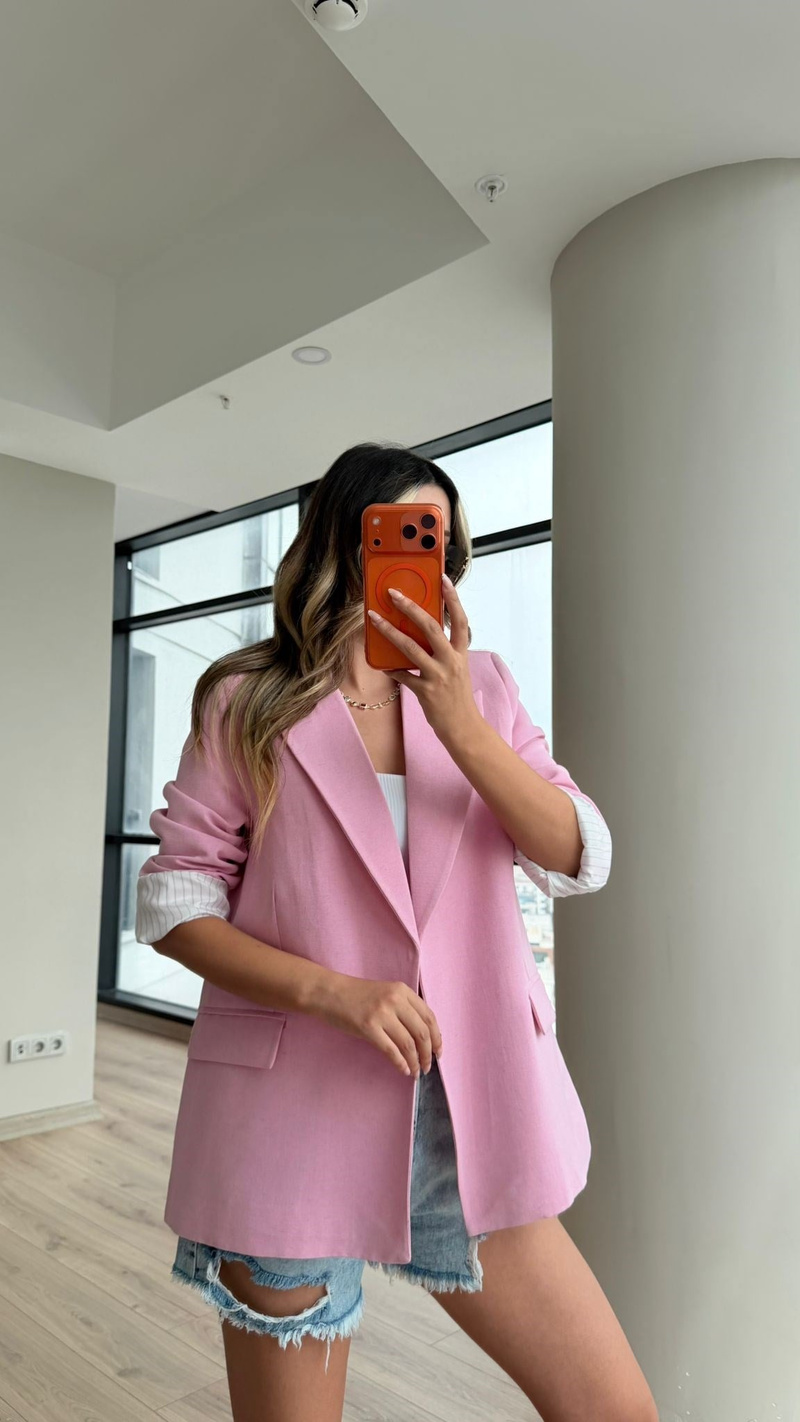 Kolu Katlamalı Blazer Keten Ceket Pembe