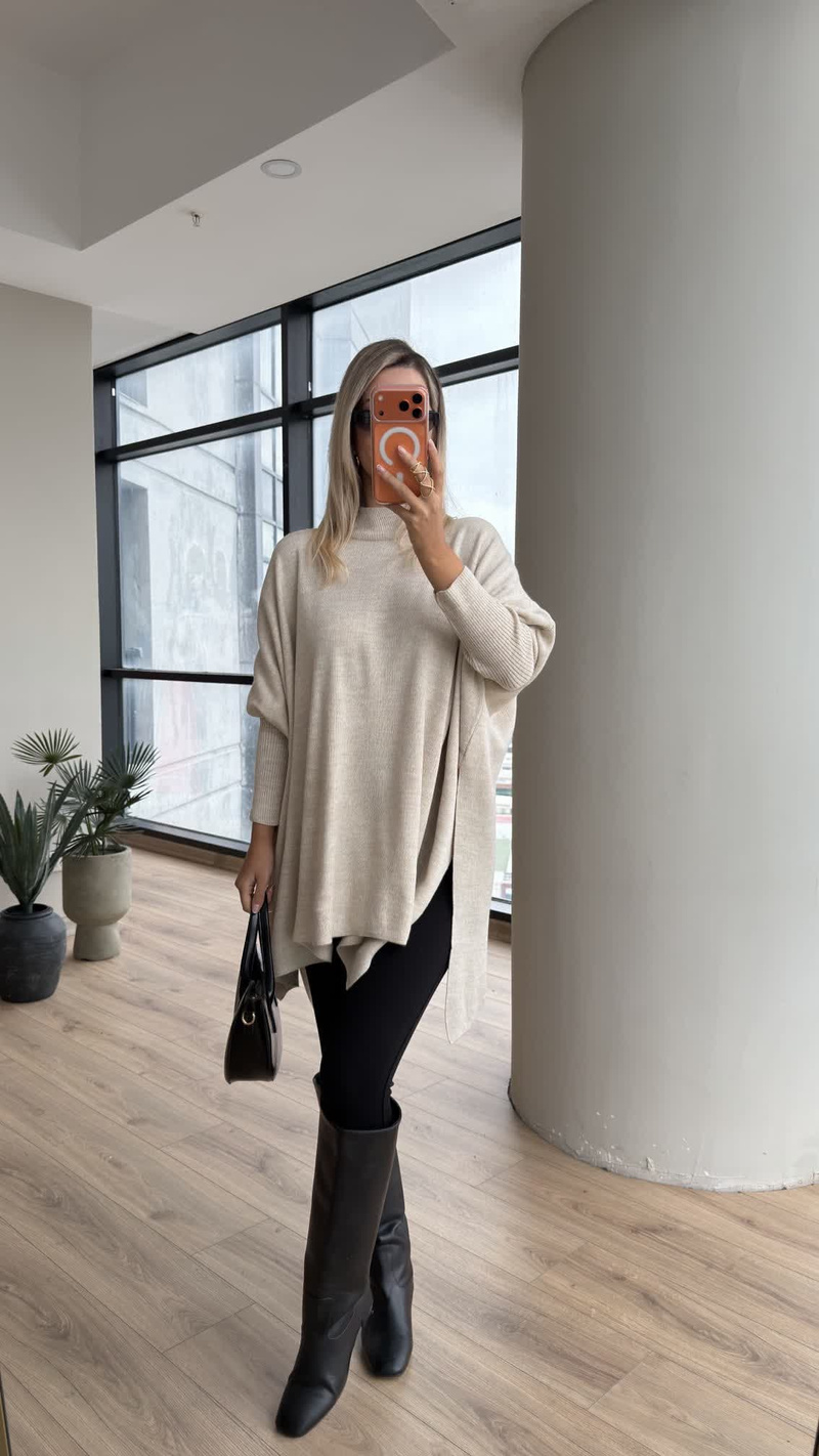 Emara Yan Yırtmaçlı Oversize Triko Taş