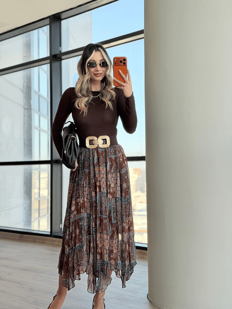 Hit Romantik Şal Desenli Kahverengi Midi Etek 