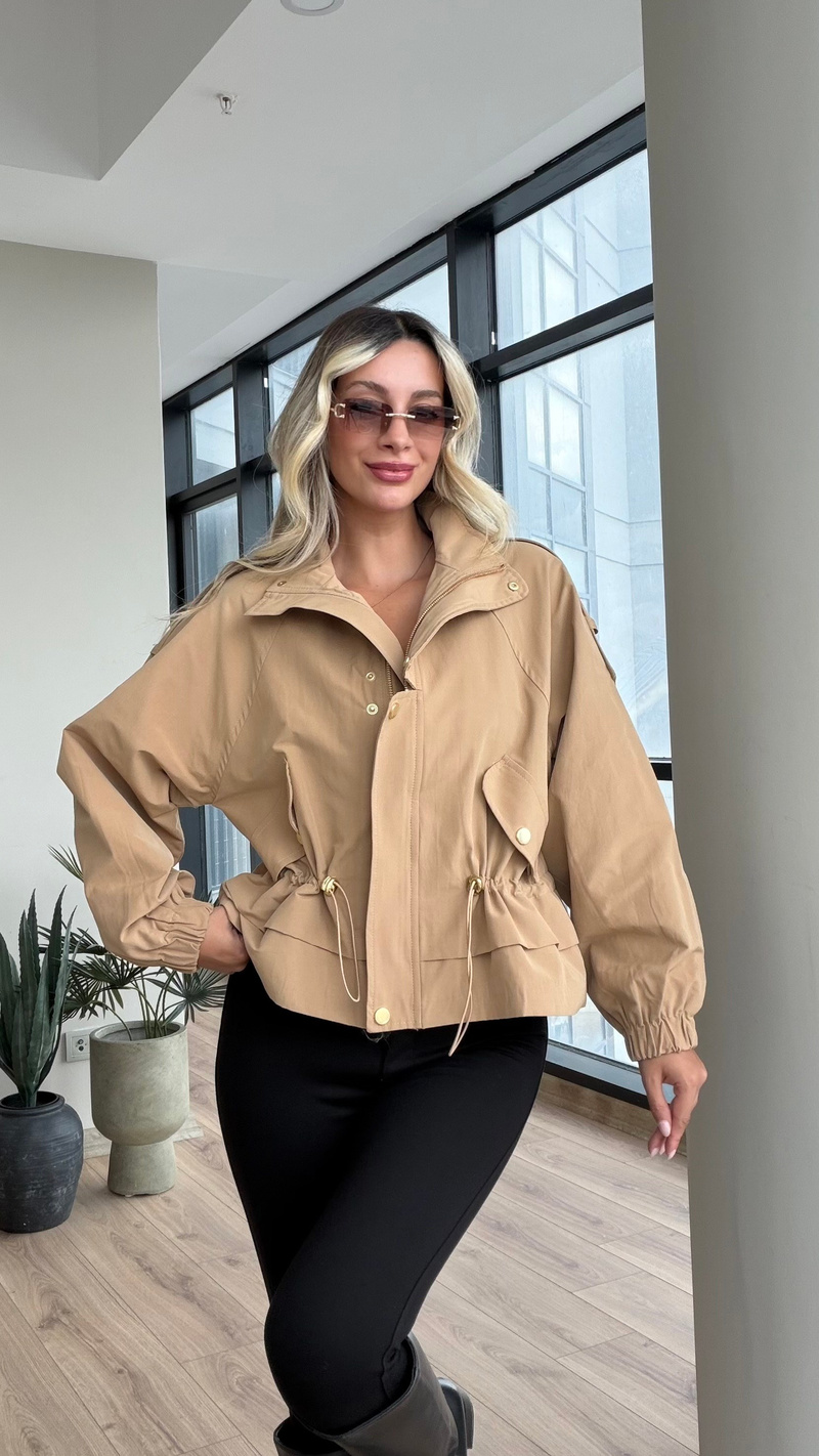 Gold Detay Bel Büzgü Marina Trençkot Camel