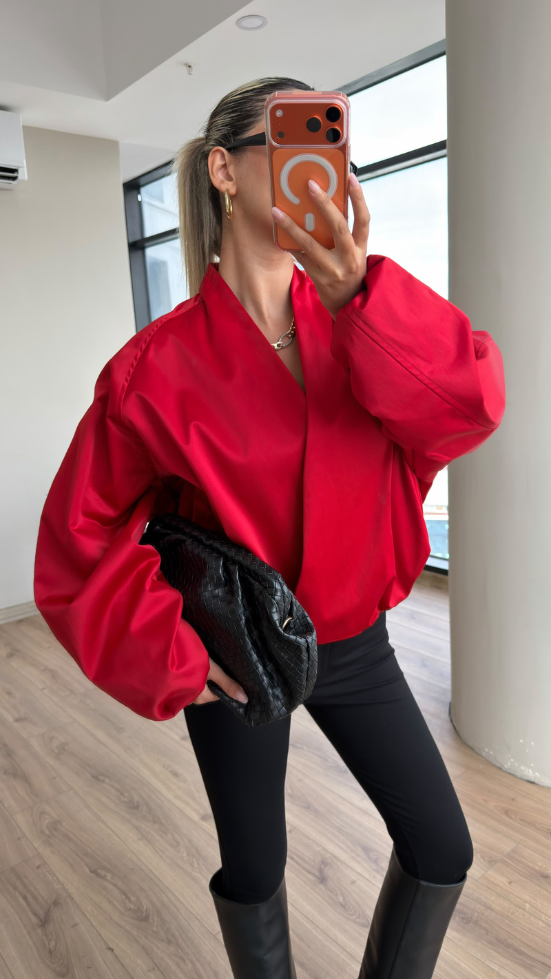 Zr Model Kruvaze Yaka Bomber Ceket Kırmızı