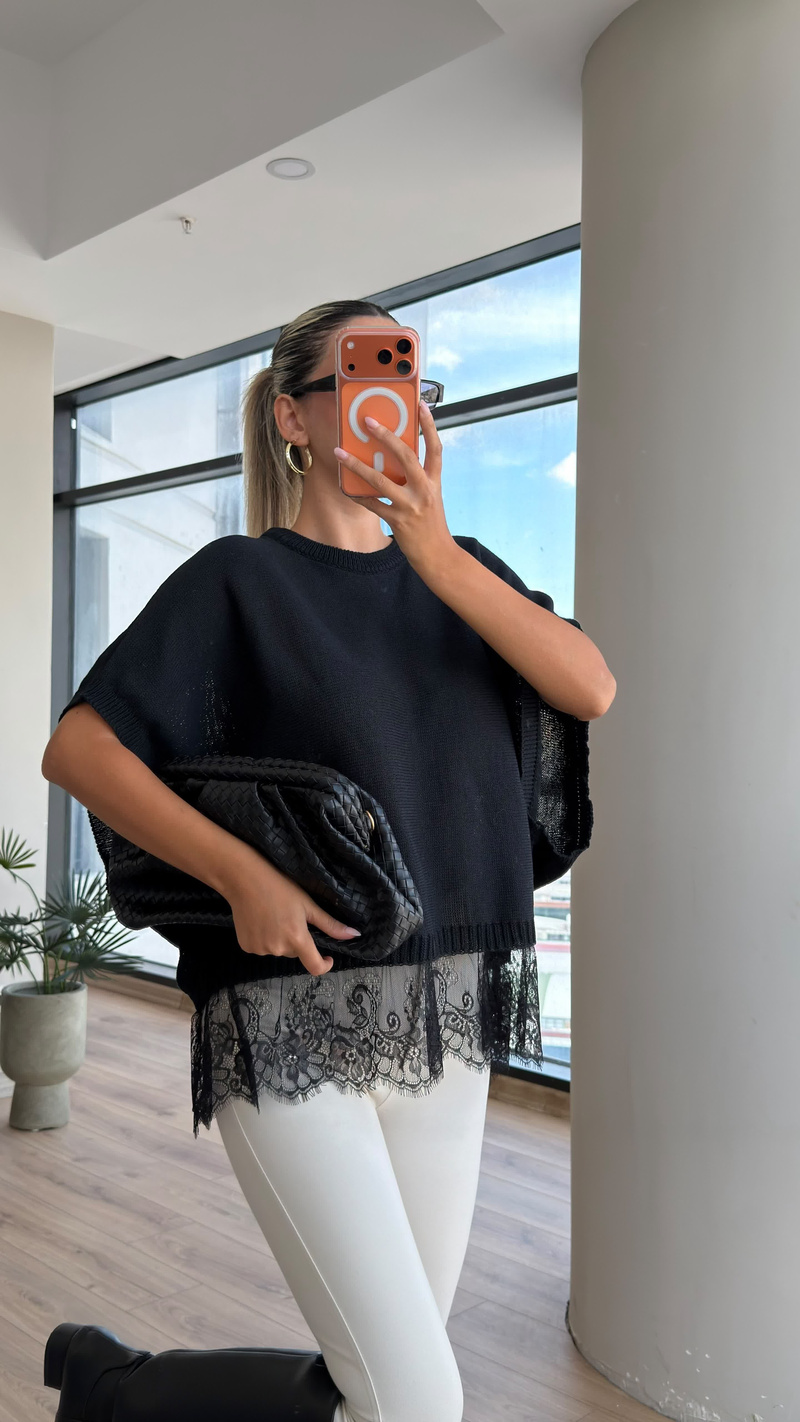 Mollin Dantel Detaylı Triko Bluz Siyah