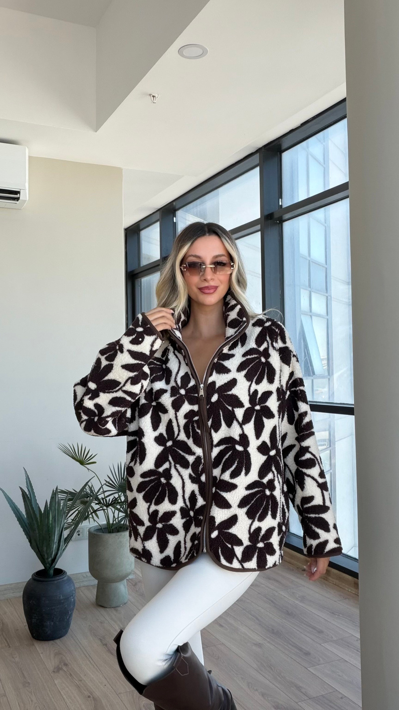 Peluş Teddy Kahverengi Çiçek Desenli Hırka