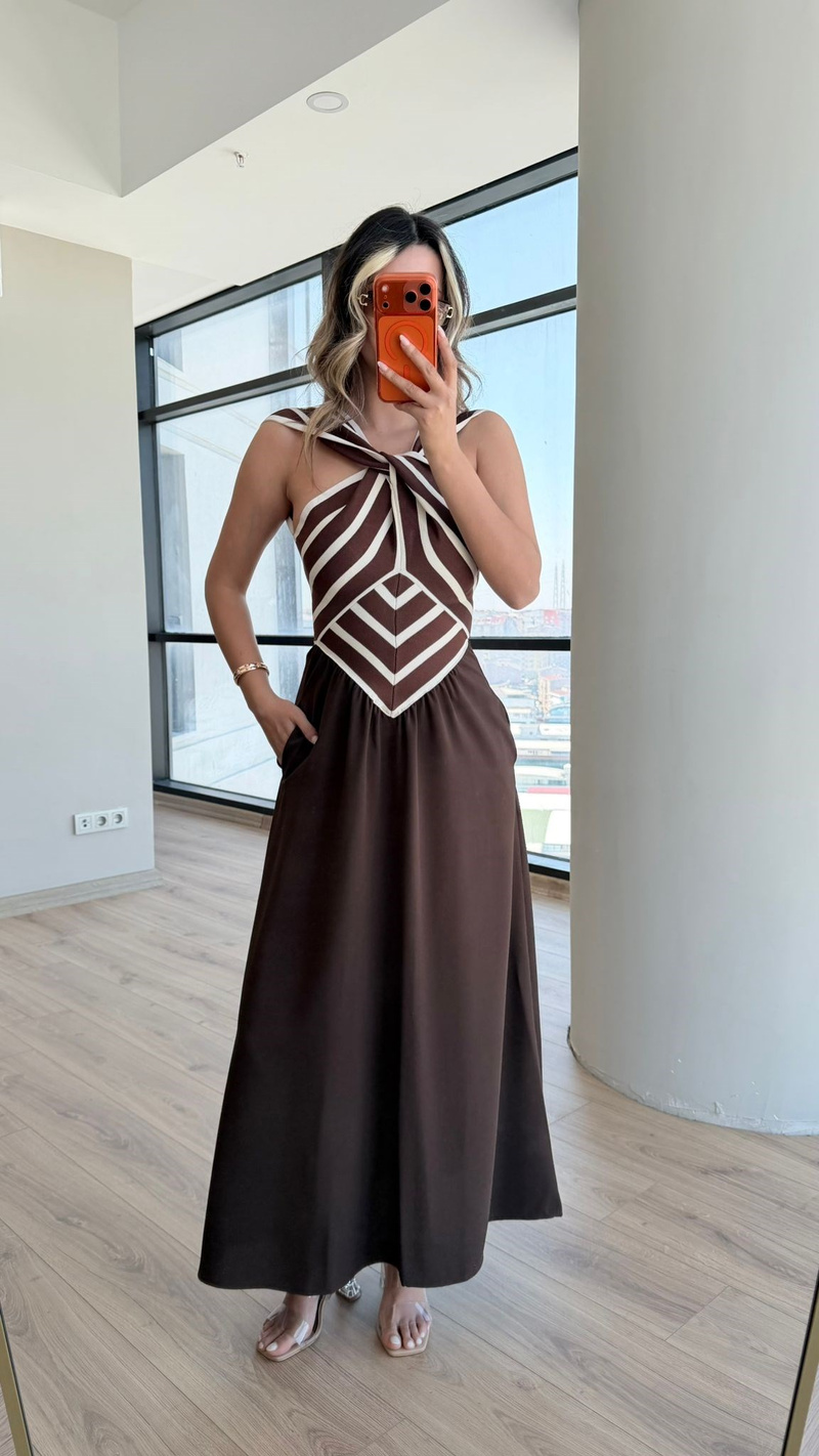 Kahverengi Çapraz Triko Detay Zr Model Elbise