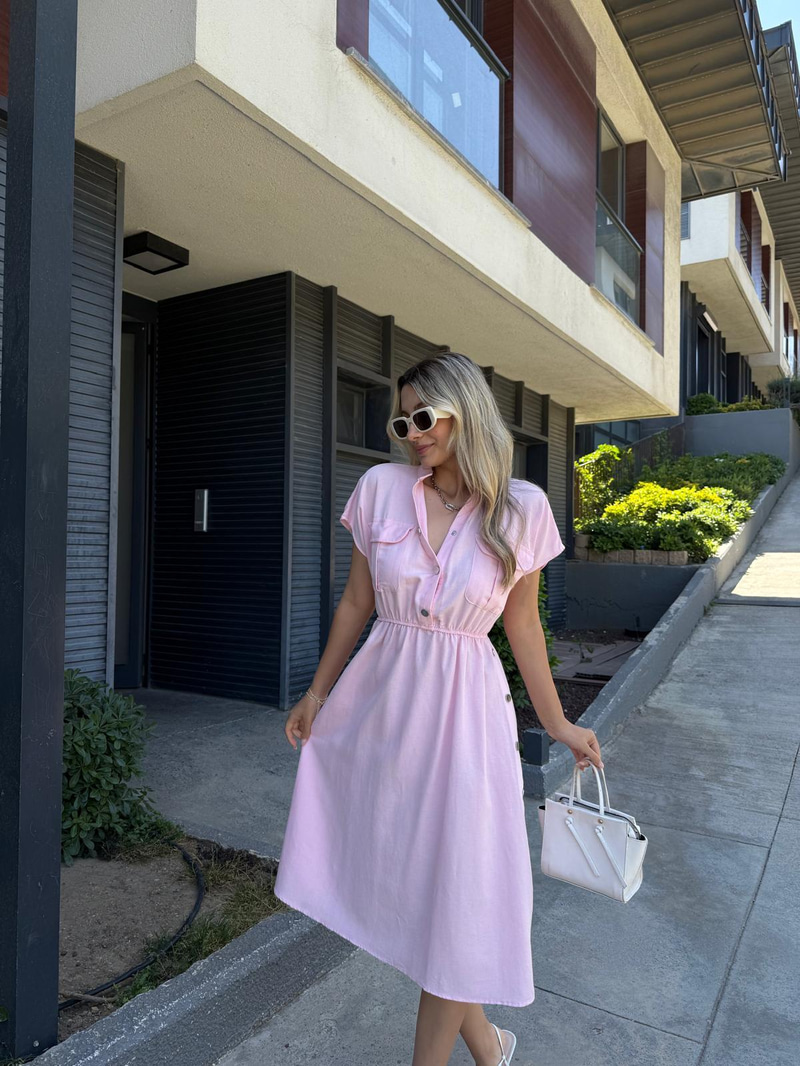 Eteği Çıtçıtlı Keten Elbise Pembe