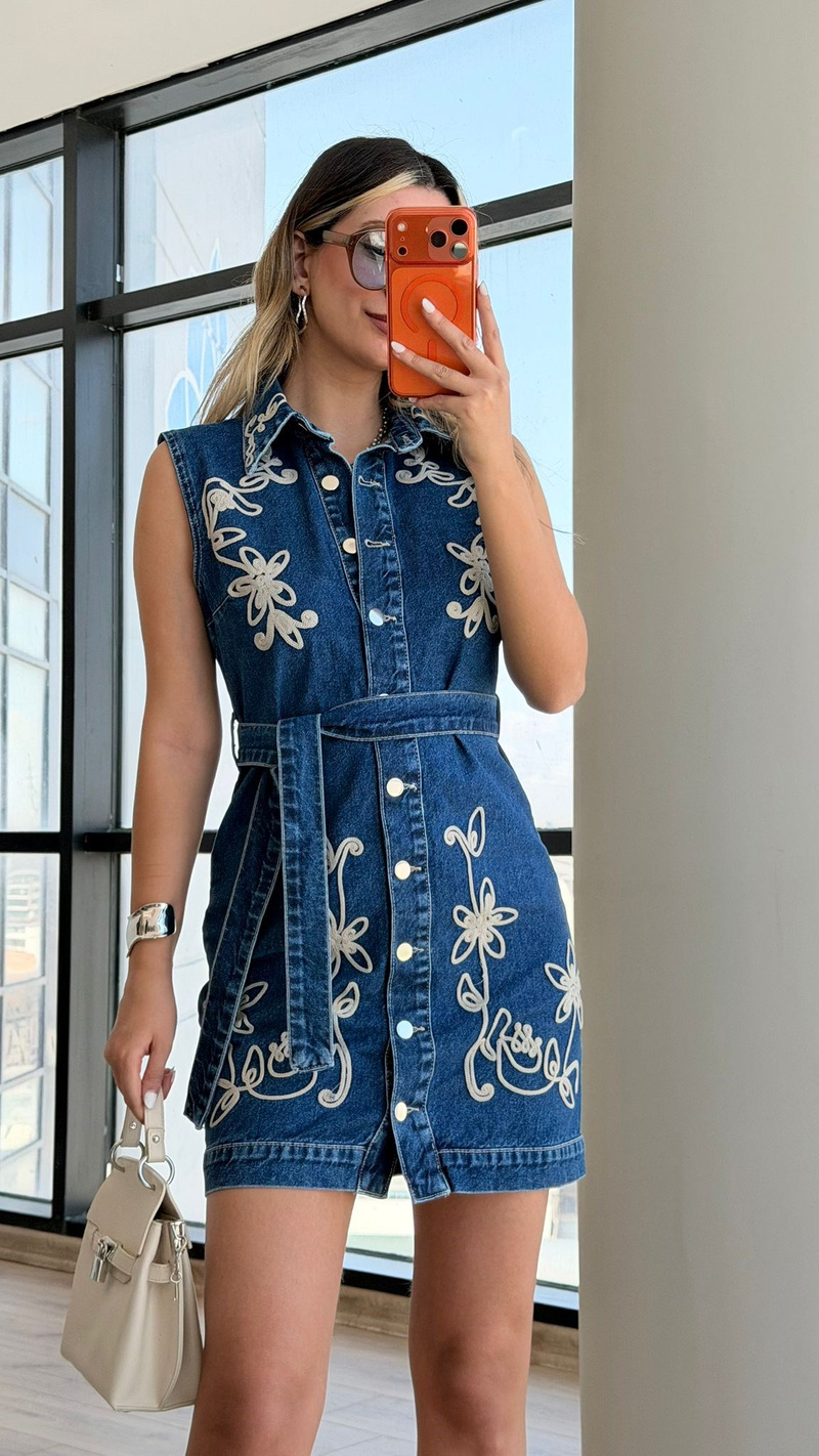 Nakışlı Kolsuz Yumuşak Tensel Denim Elbise
