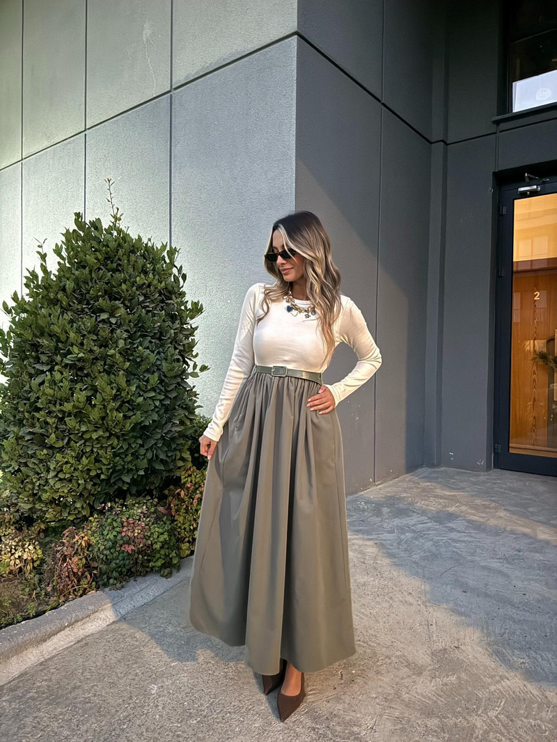 Lera Kombinasyonlu Kemerli Elbise Yeşil