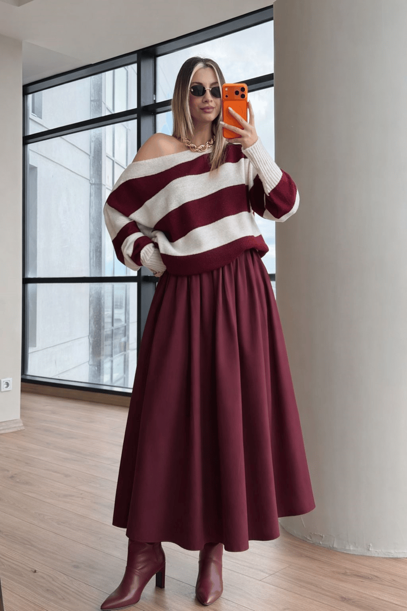 Beli Lastikli Gabardin Etek Vişne