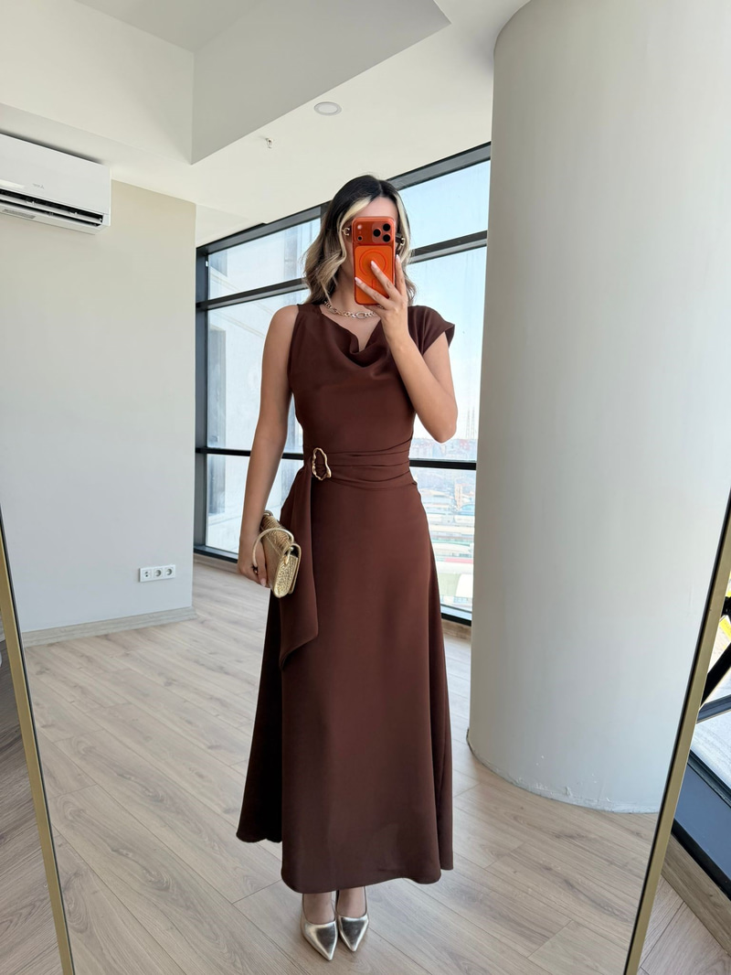 Vilora Gold Tokalı Elbise Kahve