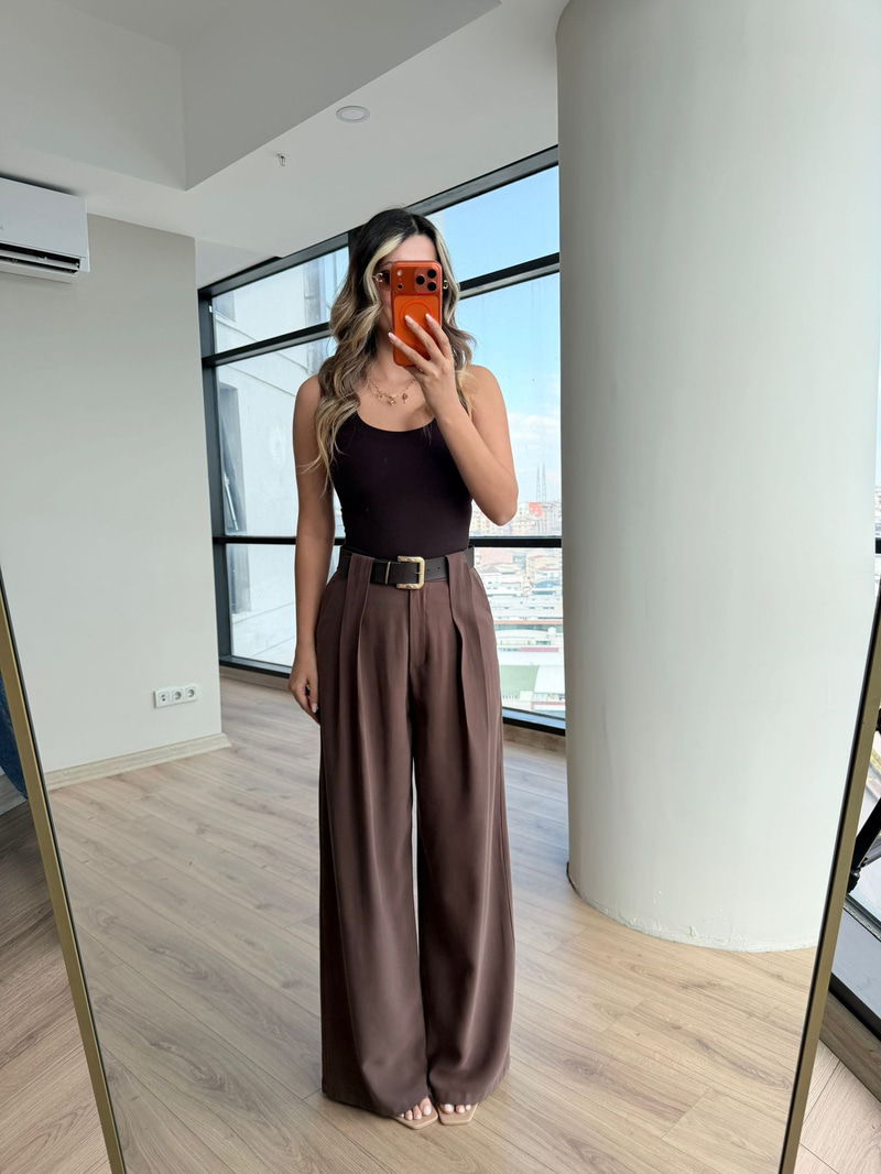Dona Bel Pilili Kahverengi Kemerli Palazzo Pantolon