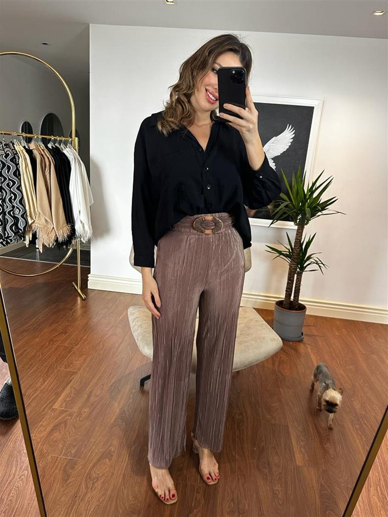 Elips Kemerli Yeşil Piliseli Pantolon 230238