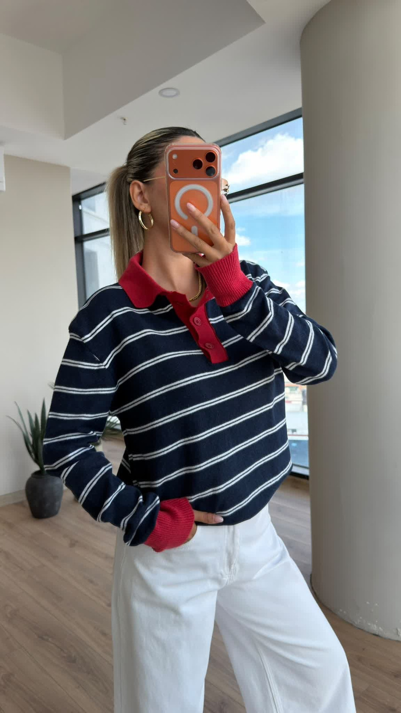 Riva Lacivert Çizgili Polo Triko