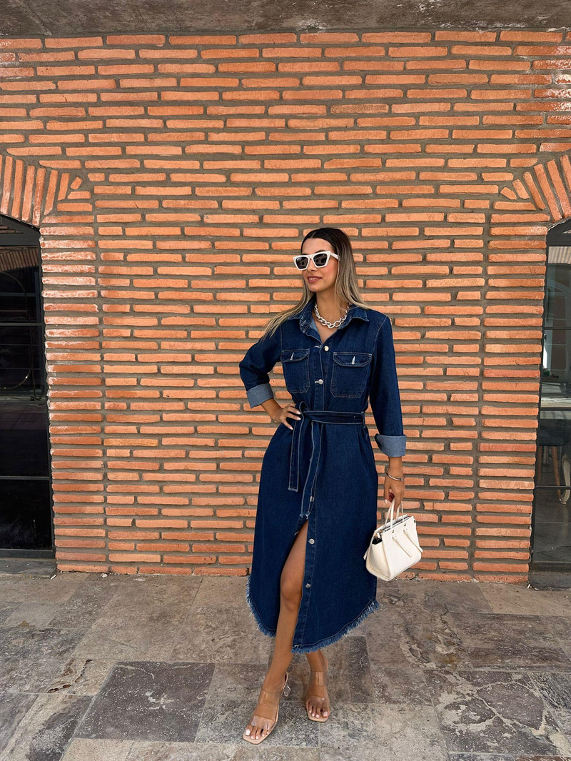 Koyu Mavi Midi Boy Essa Tasarım Jean Elbise kelb1003sg