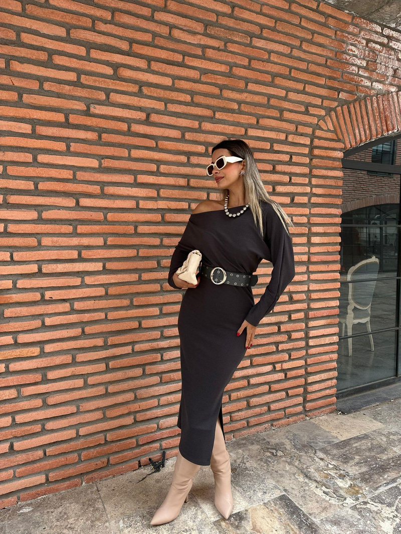 Monica Kemerli Fitilli Antrasit Elbise kelb1039ny