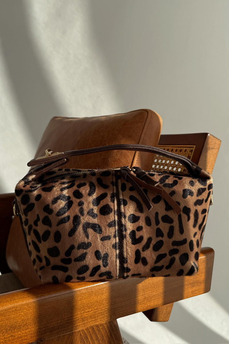 Mini Leopar Desenli Hakiki Deri Çanta