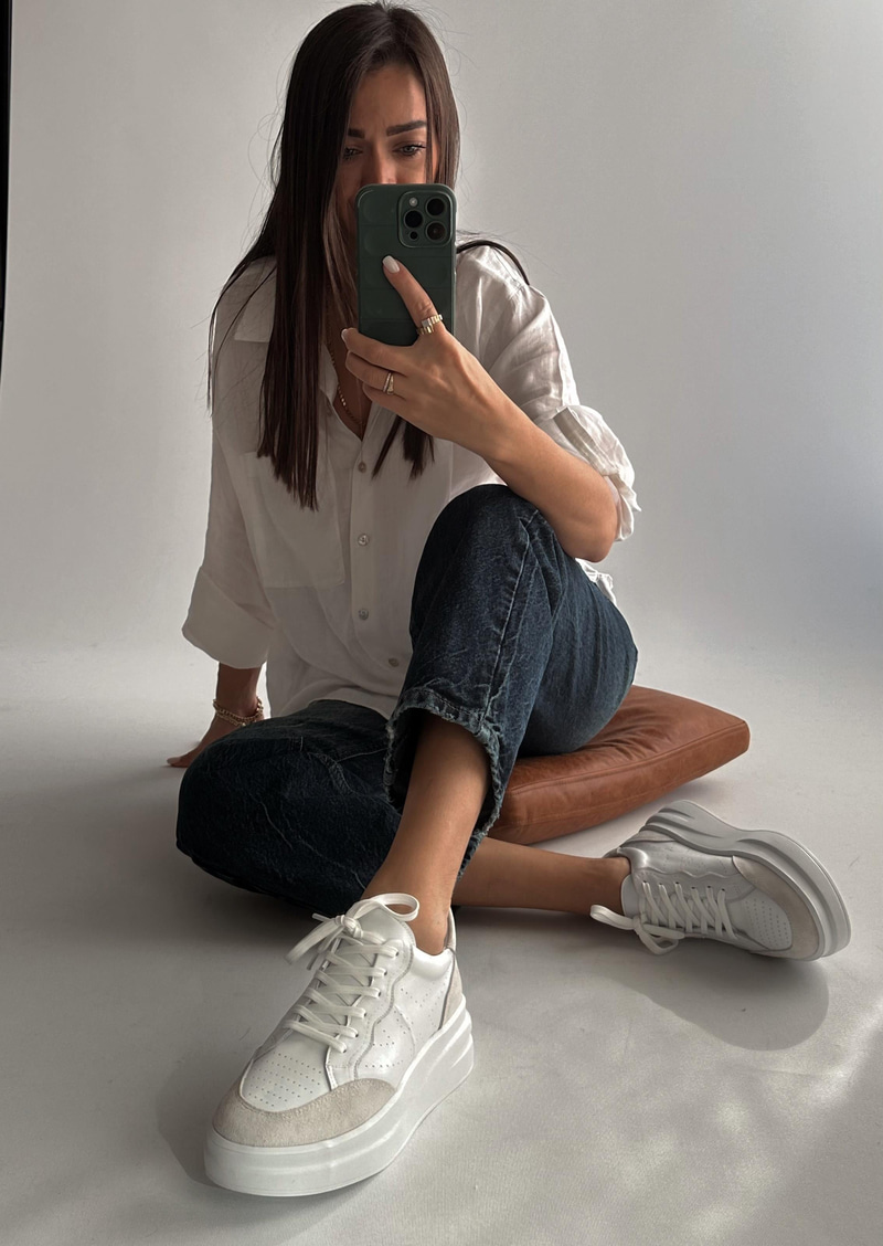 Vegas Beyaz Gri Hakiki Deri Sneaker