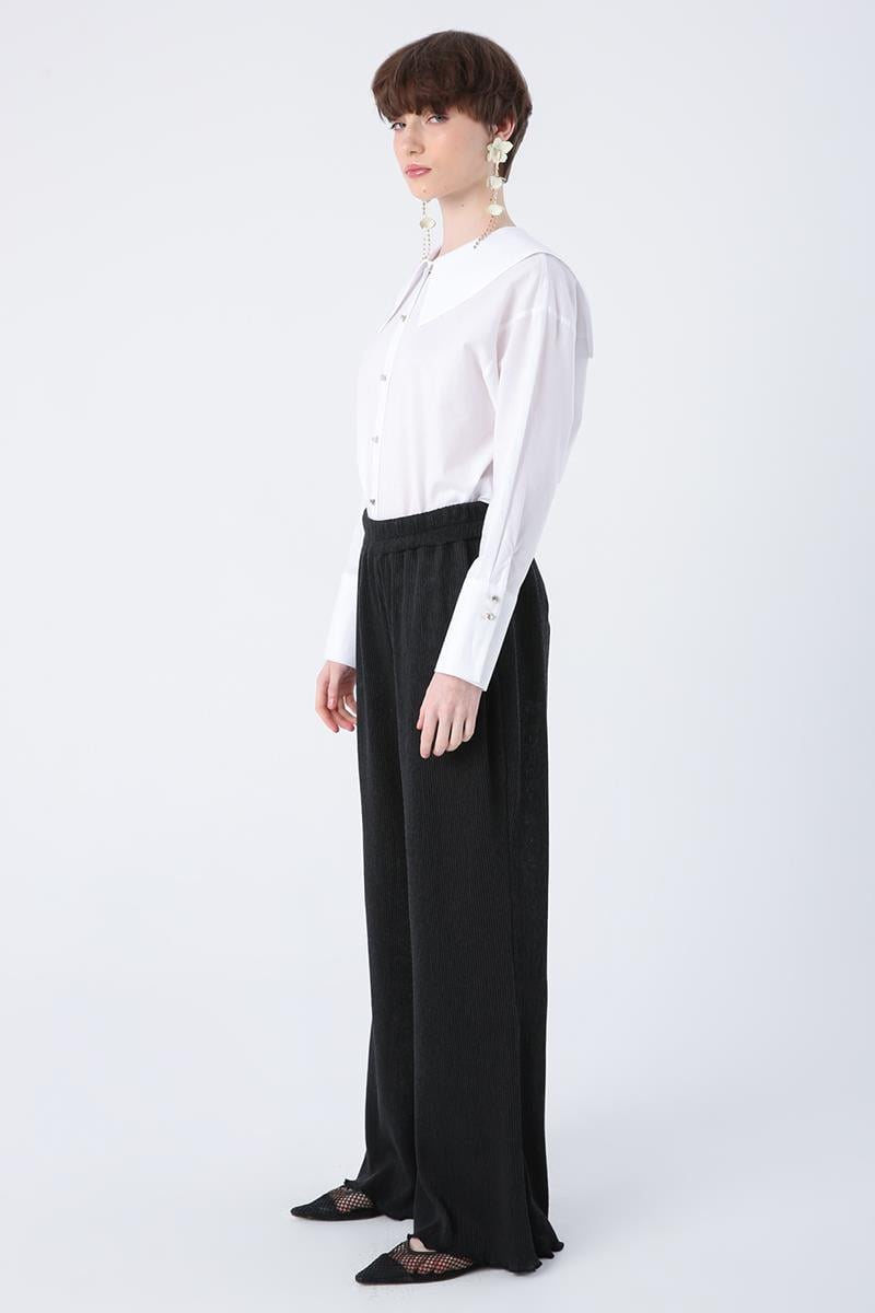 Anthracite-Pleated Wide Leg Elastic Waist Trousers