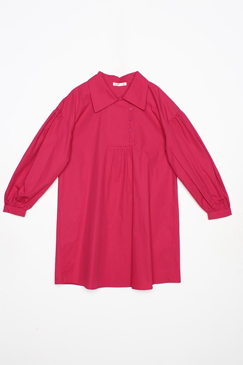 Koyu Pembe-Gömlek Yakalı Büzgü Detaylı Oversize Tunik
