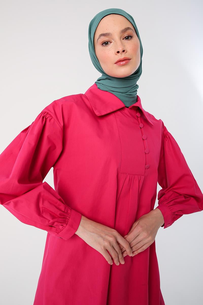 Koyu Pembe-Gömlek Yakalı Büzgü Detaylı Oversize Tunik