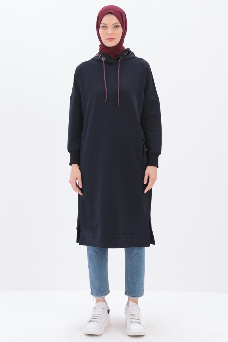 Lacivert-CEBİ NAKIŞLI KAPŞONLU SWEAT TUNİK