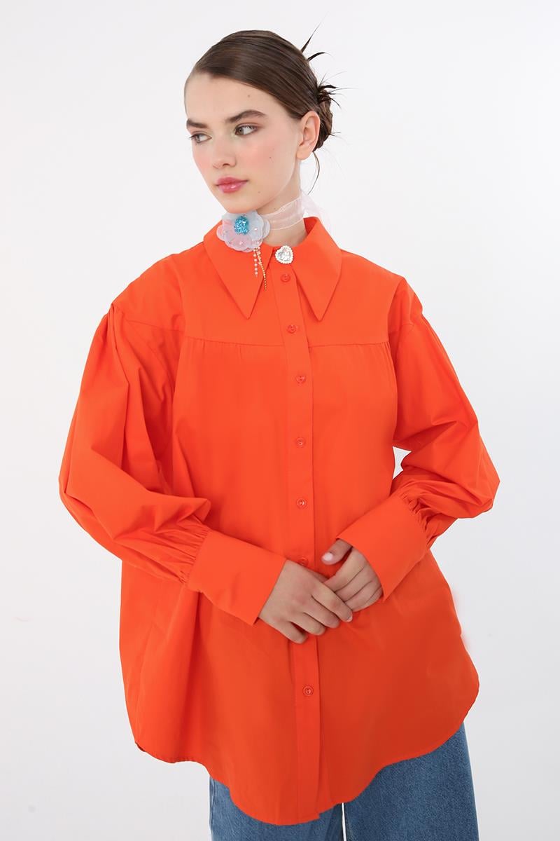 Orange-100% Cotton Oversize Pointed Collar Gathered Balloon Sleeve Shirt